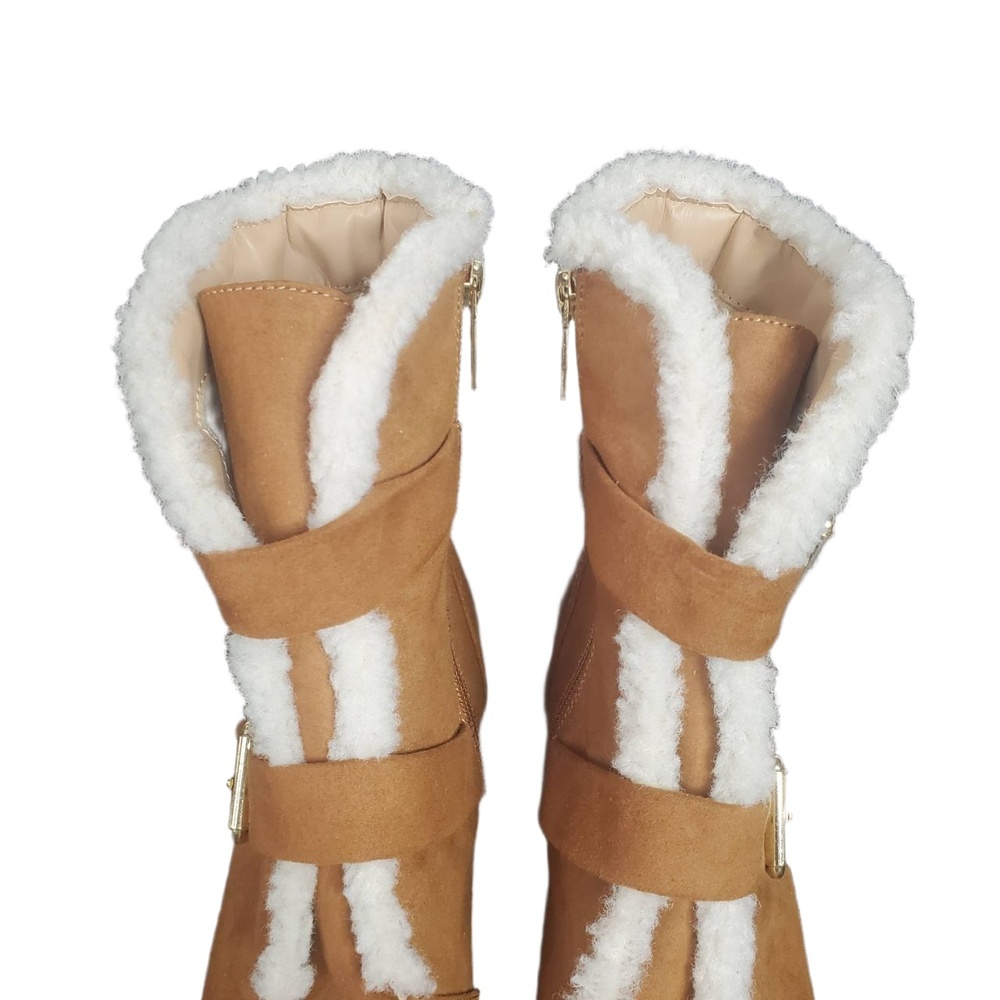 12 Thompson Tania Faux Shearling Multi Strap Buckle Chunky Heel Boots Tan 9 - Picture 2 of 14